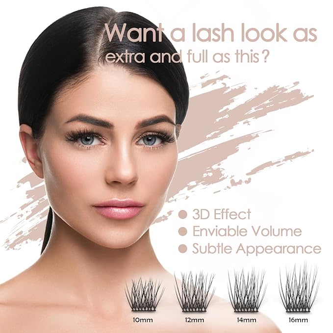 DIY Eyelash Extension, 3D Effect Glue Bonded Band Individual Lash 48 Clusters Volume Lashes Set, Home Eyelash Extension, C curl Lashes Pack 10MM-48 Clusters