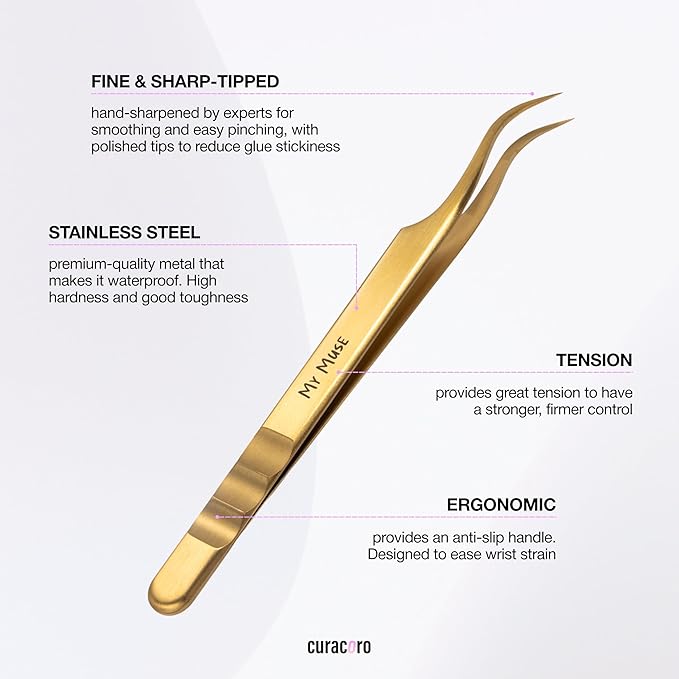 Curacoro Lash Tweezers for Eyelash Extensions - LashSmith Precision Curved Tweezers for Every Fan Style