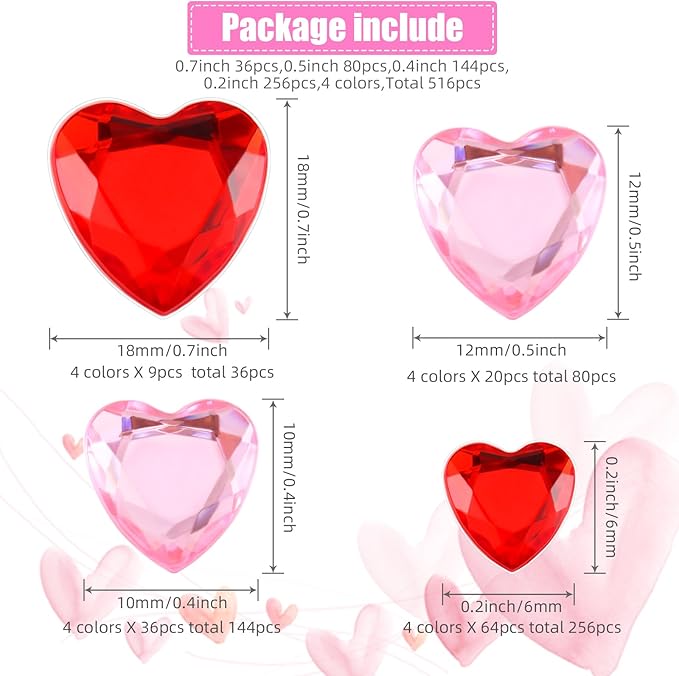 Chuangdi 516 Pcs Acrylic Rhinestone Crystal Gems Rhinestone Flat Back 18mm/12mm/10mm/6mm for Valentine's Day Wedding Decoration DIY Clothes Shoes Jewelry Making Crafts(Red, Pink,Heart)