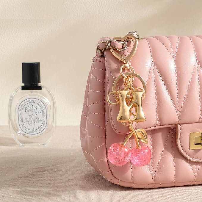 Snycler Bubble Initial Keychain with Cherry & Bow - Gold Letter Bag Charms for Women, Cute Purse Handbag Accessories