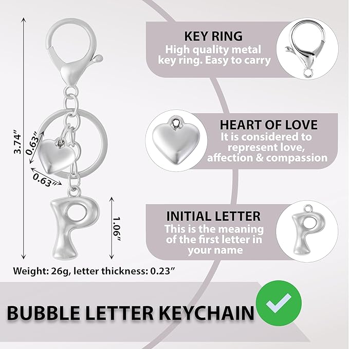 Heart Bubble Letter Keychain for Women, Girls - Cute Keychain with Initial - Alphabet Keychain for Bag Charm, Handbag