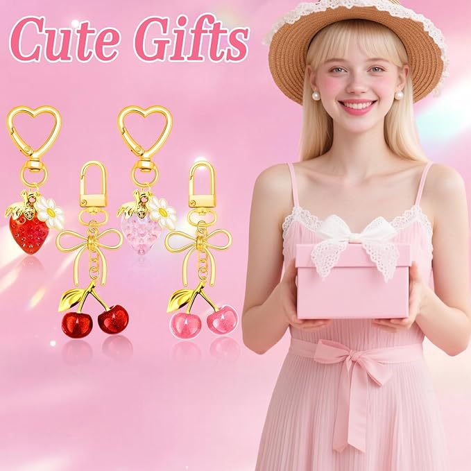 Bag Charms for Handbag Cherry Strawberry Bow Keychain Cute Purse Charms Accessories for Women Tote Bag Fruit Charm