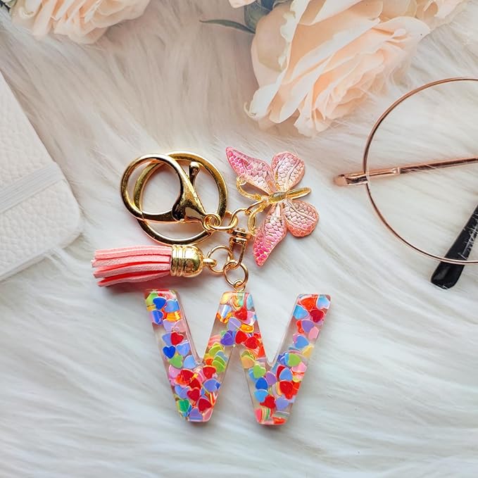 Cute Initial Letter Keychains for Women Girls Tassel Butterfly Pink Purple Green Keychain for Backpack School Bag