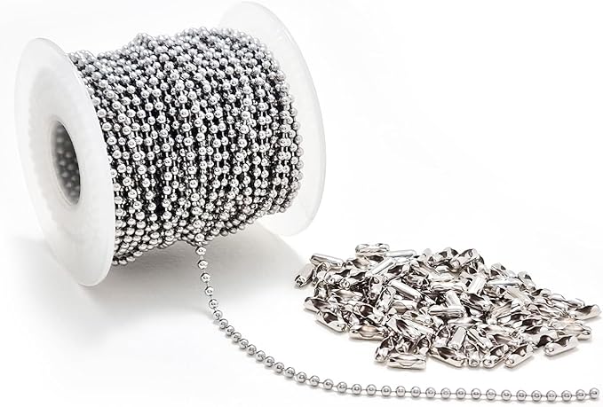 55 Feet Stainless Steel Ball Chain with 100 Connectors – 2.3mm Bead Chain Roll for Dog Tags, Necklaces for Men, Jewelry Making, Keychains, DIY Crafts