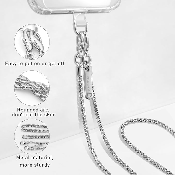 Metal Phone Chain, Crossbody Detachable Phone Lanyard with 1*Wrist Strap & 2* Tether Tabs for iPhone and Smartphones (Silver,Long)