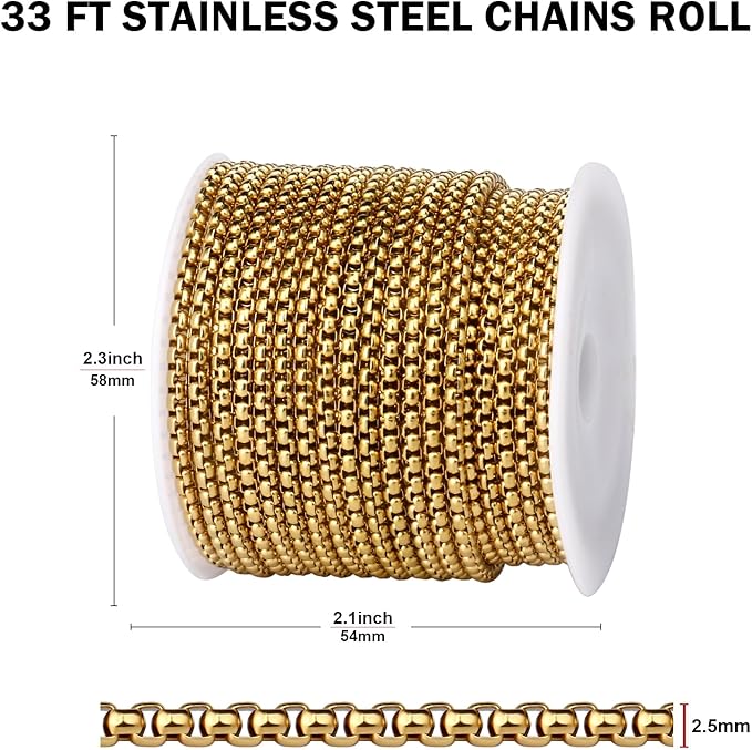 [33FT] 18K Gold Plated Rolo Box Chains for Jewelry Making, 2.5mm Wide 304 Stainless Steel Rolo Link Chain Roll Bulk for DIY Jewelry Making Craft