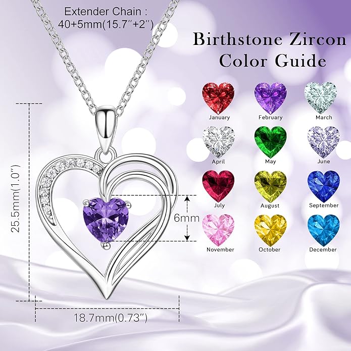AM ANNIS MUNN 925 Sterling Silver Heart Necklace for Women Birthstone Necklace Silver Jewelry for Womens Jewelry Gifts for Women Her Mom