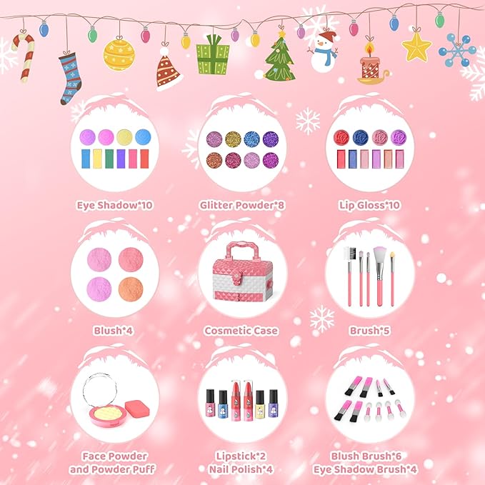GirlsHome Kids Makeup Set for Girl 56 Pcs Washable Real Cosmetic, Non-Toxic Frozen Toys Toddler Makeup Kit, Frozen Princess Dress up Kit Christmas & Birthday Girl Gift for 3-12 (Frozen Pink)