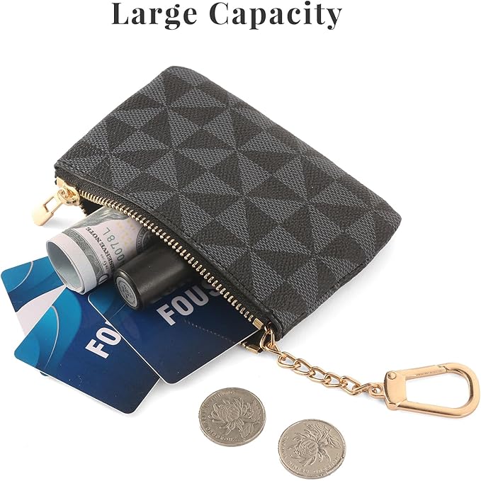 Leather Coin Purse for Women with KeyChain Small Zipper Change Purse coin Pouch Card Holder Wallet Clutch for Women & Men (Black)