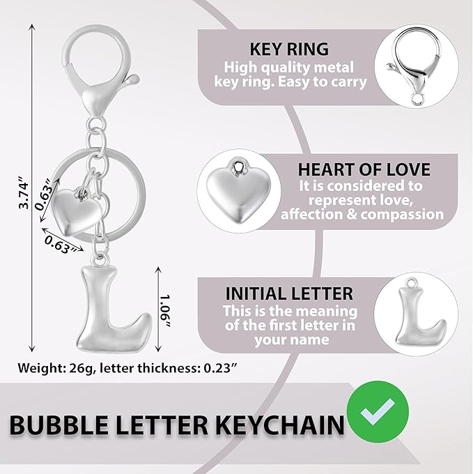 Heart Bubble Letter Keychain for Women, Girls - Cute Keychain with Initial - Alphabet Keychain for Bag Charm, Handbag