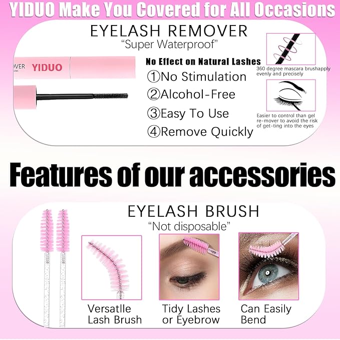YIDUO Lashes Clusters Kit 200D Volume EyeLash Clusters with Spikes 12-20MM D Curl Manga Wispy Lashes Extensions Kit 230pcs Thick Individual DIY Lashes Clusters with Bond and Seal Tweezers Removers