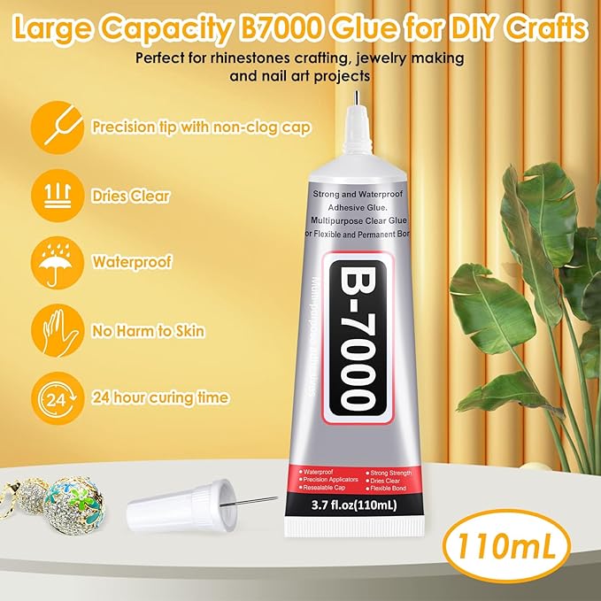 B7000 Glue Clear with Precision Tip, 2Pcs 110mL Jewelry Bead Gem Tac Glue, Bedazzling Adhesive with Silver Rhinestones, Dotting Pen Tool for Jewelry Making Clothe Fabric Shoes DIY Crafts Nail Art