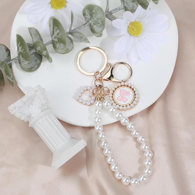 Pearl Keychain with White Bow,Beaded Wristlet Keychains Mother's Day Gift for Women Bow Key Charms