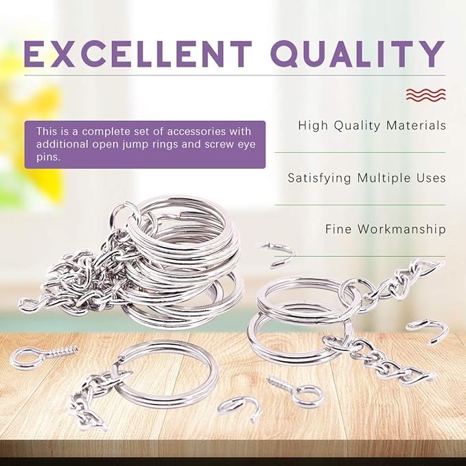 Swpeet 450 Pcs 1 Inch 25mm Sliver Flat Key Chain Rings Kit, Including Split Keychain Rings with Chain and Jump Ring with Screw Eye Pins for Jewelry Making