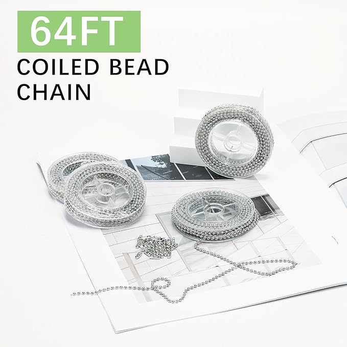 64 ft Ball Chain,for Beaded Dog Tag Chains,Charms for Jewelry Making Bulk,for Crafts Pull Chain Extension,Silver Nickel Plated Metal 2.4mm Balls,100 pcs Ball Chains connectors
