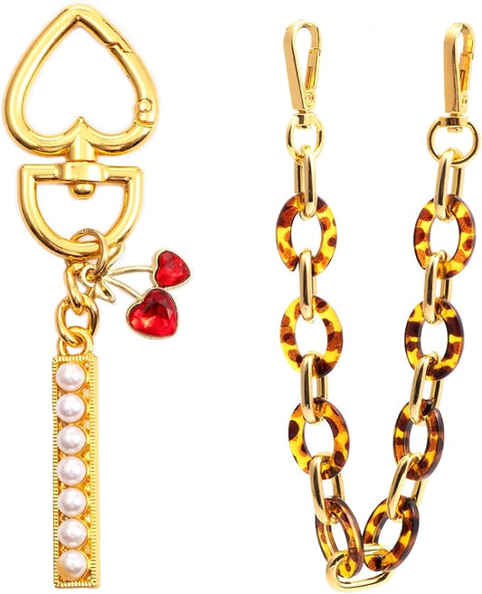 Pearl Initial Keychain with Leopard Bag Charms Wallet Chain Women Cute Alphabet Keychains Charm for Purse Handbag