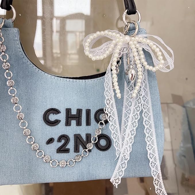 Pearl Bow Keychain Cute Y2k Lace Bowknot Keychain Coquette Aesthetic Accessories Bag Purse Handbag Backpack Charm
