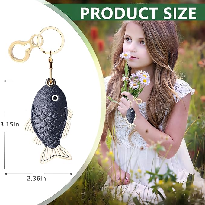 Leather Keychain Holder Case Compatible with AirTag,Cute Protective Cover with Keyring,Anti-Scratch Finder GPS Tracker Case for Wallet Keys,Bag,Pets(Fish Black)
