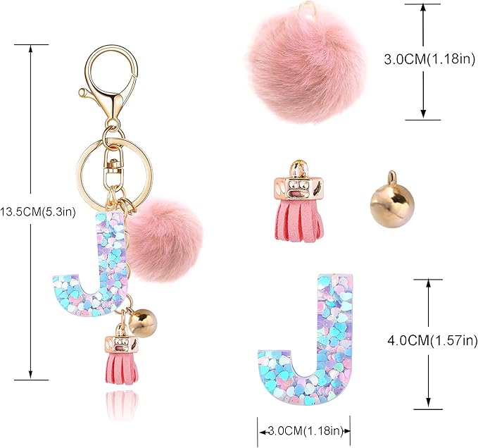 Resin Alphabet Initial Letter Keychain Keyring for Women Purse Handbags With Fur Ball Pom