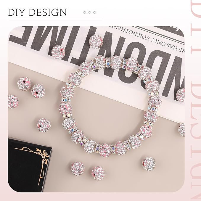 200 Pcs Pink White Rhinestone Beads for Jewelry Making, Sparkle Crystal Clay Christmas for Bracelet Baseball Necklace Earring Crafting and DIY, Shiny Round Shamballa Disco Ball Beads Bulk