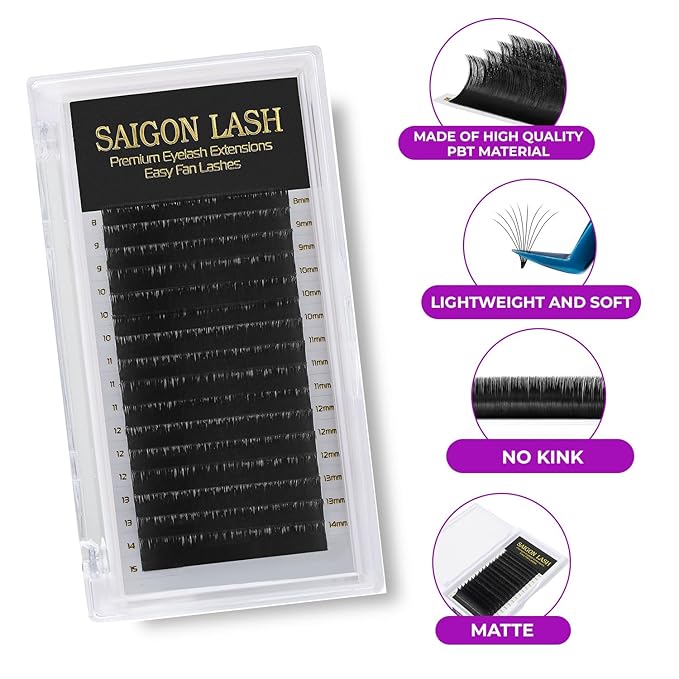 SAIGON LASH Easy Fan Eyelash Extensions, Volume Lash Tray for Lash Techs, C/CC/D Curl, 0.03/0.05/0.07mm Thickness, 8-15mm Mixed Lengths, 16 Rows, Soft PBT Material, Black (CC-0.07)