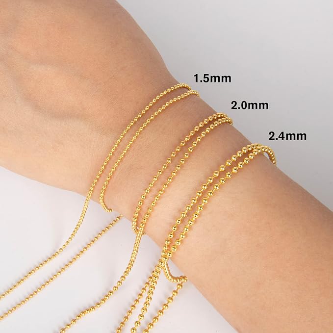 Gold Ball Bead Chain [1.5mm/50Feet] 18K Gold Plated Stainless Steel Ball Chains Spool with 30 PCS Connectors for Jewelry Making, Necklace, Key Chain, Dog Tag Chain DIY Craft