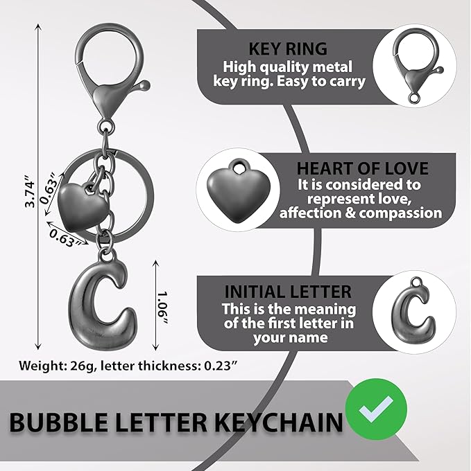 Heart Bubble Letter Keychain for Women, Girls - Cute Keychain with Initial - Alphabet Keychain for Bag Charm, Handbag