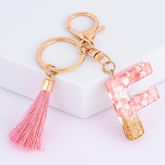 Suweibuke Cute Pink Key Chains for Women Girls, Initial Letter Keychains with Tassel, Charms for Key Purse Handbags Backpacks