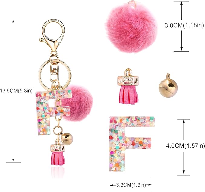 Resin Alphabet Initial Letter Keychain Keyring for Women Purse Handbags With Fur Ball Pom