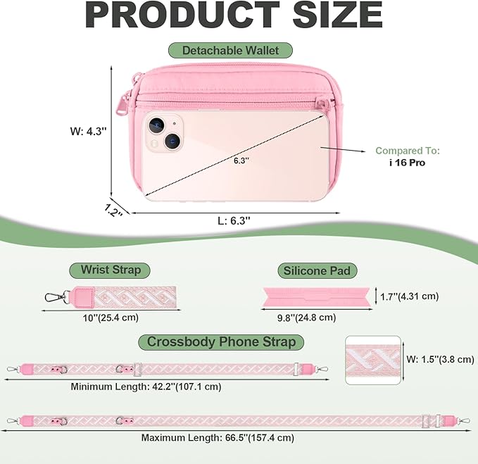 Clip and Go Strap for Phone with Wallet Crossbody, Adjustable Phone Lanyard with Detachable RFID Wristlet Wallet, Pattern Strap, Pink(M)