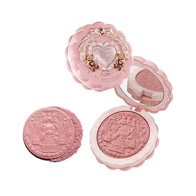 Flower Knows The Sweetie Bear Collection Silk Satin Blush,Shimmery Muted Rose Powder Blush for Cheeks,Buildable & Blendable Face Makeup,Soft Long-Lasting for Women & Girls,0.18 Oz(03 Rose Chanson)