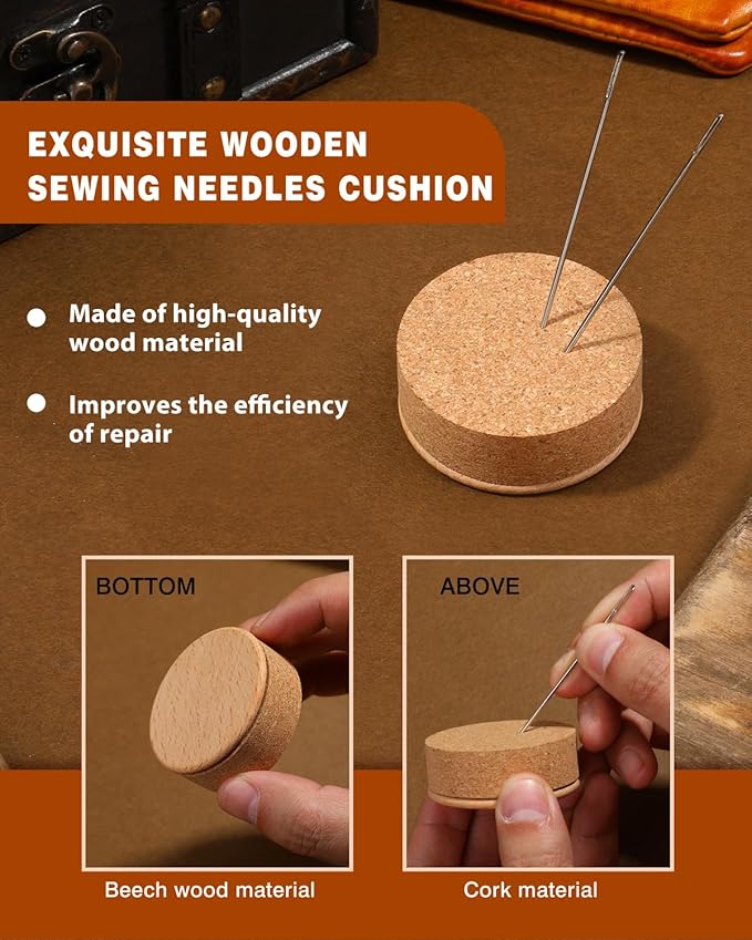 FOUSNOW 36 Pcs Heavy Duty Sewing Needles Kit, Curved Sewing Needles for Hand Sewing, Leather Sewing Needles with Wooden Sewing Needles Cushion, Needle Case for Leather Upholstery Repair Sewing