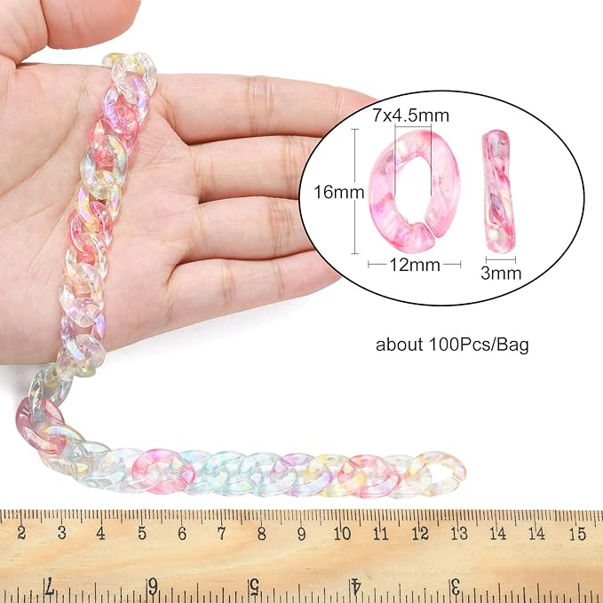 LiQunSweet 100 Pcs Rainbow Color Twisted Oval Transparent Acrylic Plastic Linking Chain Rings Quick Link Connectors for Curb Chain Making - 16x12mm