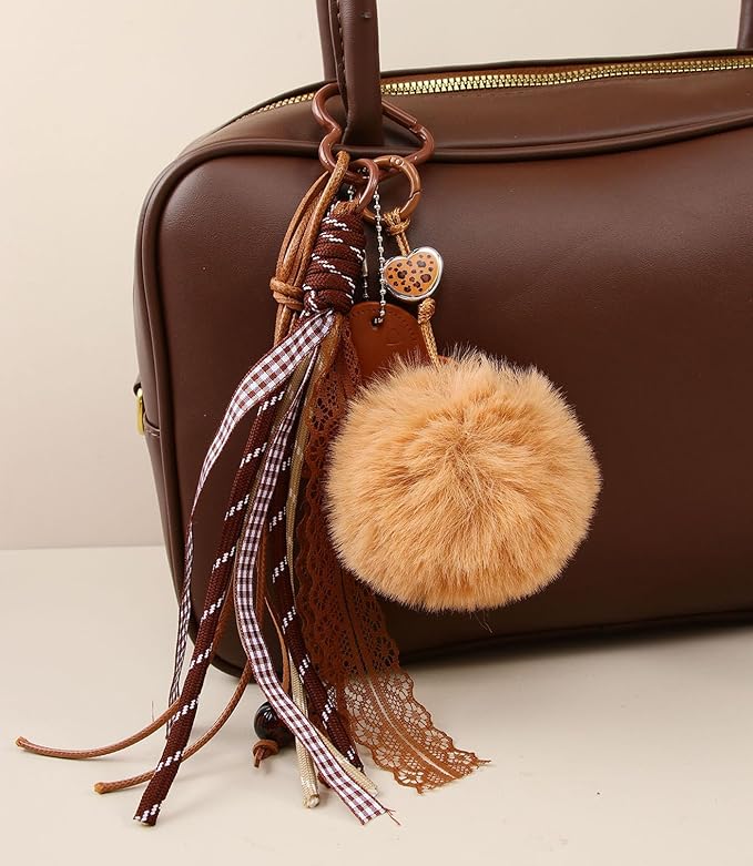 Kawaii Plush Keychain Purse Charms Cute Brown Bag Charms for Women Handbags