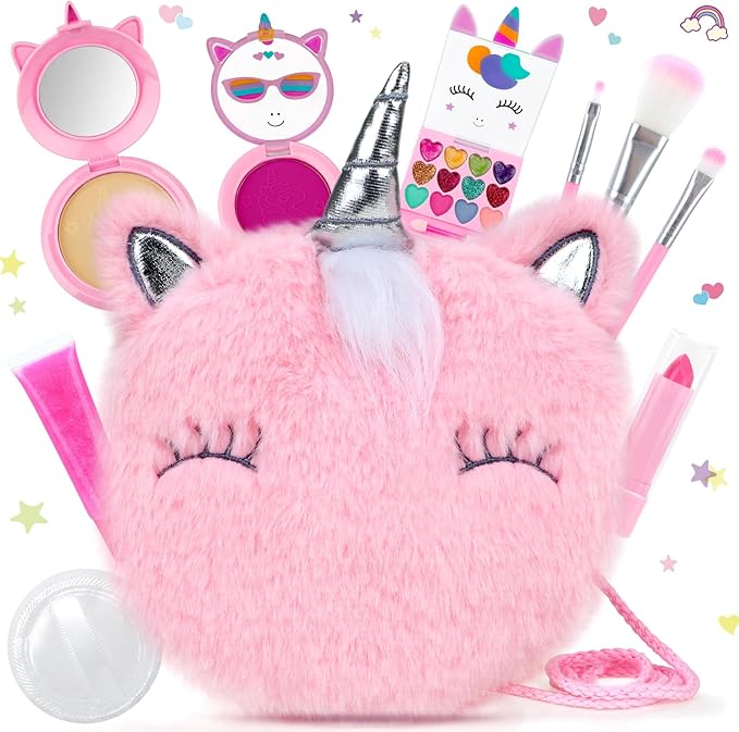 PERRYHOME Unicorn Cute Kids Makeup Set Washable Makeup Kit for Girl Gift with Mini Coin Purse - Real Cosmetic Non-Toxic Toddler Makeup Kit-Unicorn Toys for Girl - Birthday Unicorn Gift 3+（Pink）