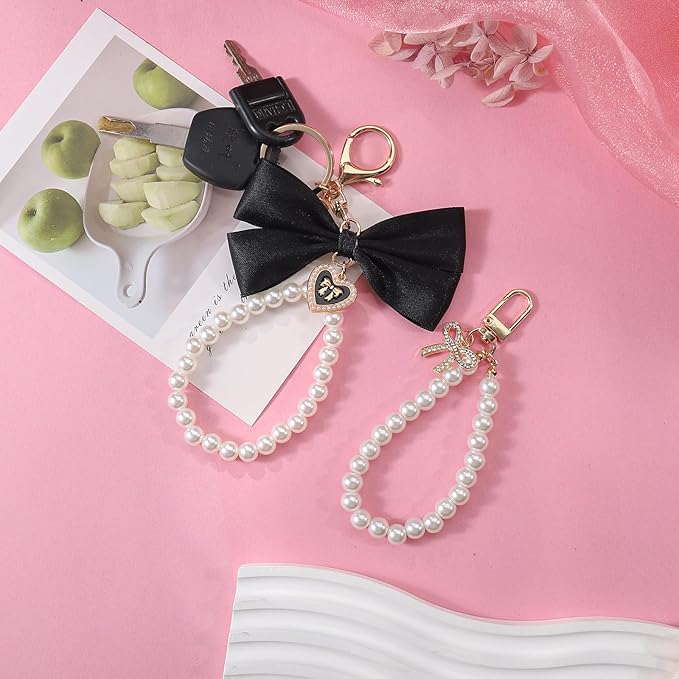 2Pcs Cute Bow Keychain for Women,Purse Charms Bow Bag Charms for Handbag, Pearl Keychain Accessories for Car