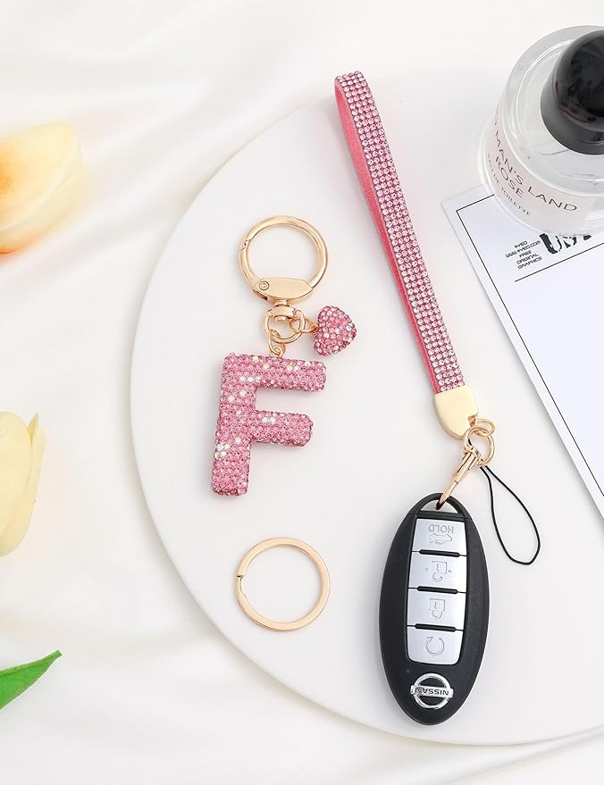 Initial Keychain for Women Girls,Bling Letter Key chain Initial with Heart,Pink Keychain Charms for Backpack Handbag