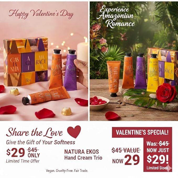 Natura - Valentine's Day Hand Cream Gift Set – 3-Pack Vegan Hand Balm – Hydrating Brazilian Beauty Skincare with Passion Fruit, Brazil Nut & Açaí – Fast-Absorbing Hand Care - ($45 value)