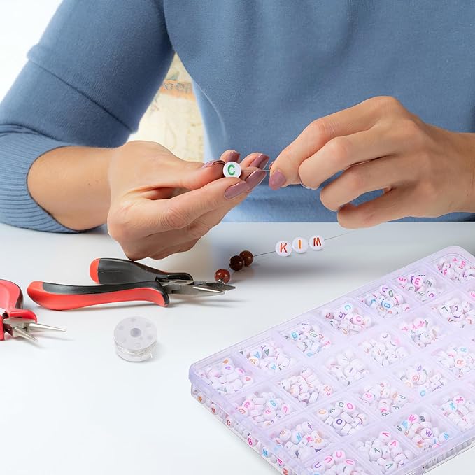 1 Box Compartment Alphabet Beads for Bracelets Making with Loose Letter Beads and Crystal Elastic String DIY Jewelry Kit for Necklaces Keychains and