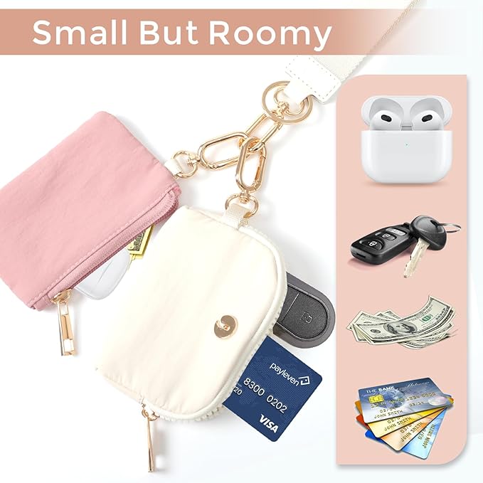 Dual Pouch Wristlet Keychain Wallet with 2 Wrist Straps - Small and Portable Mini Zipper Coin Purse Card Wallets for Women Men Gold Hardware Pink+Ivory