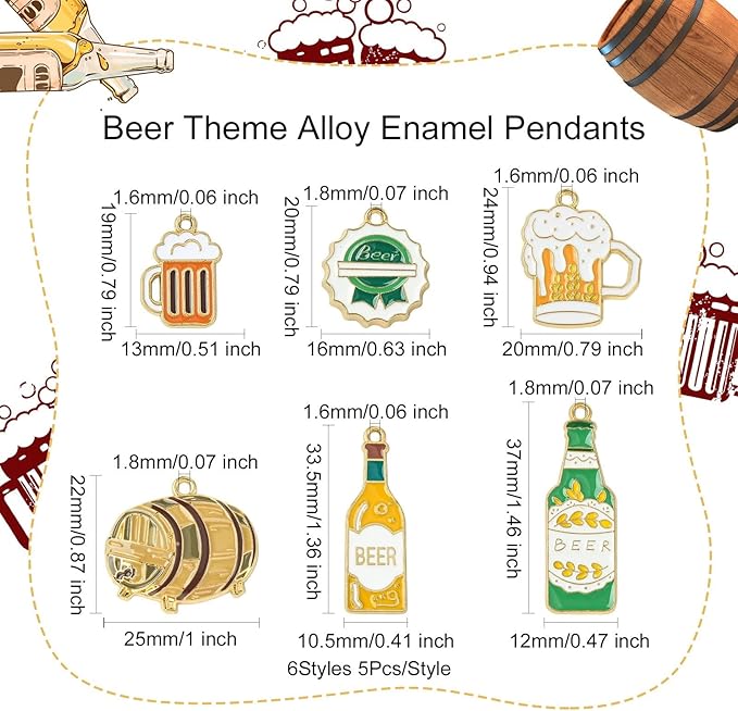 Stiesy 30 Pcs 6 Styles Enamel Beer Charms Bulk Cup of Beer Pendants Drink Bottle Carnival Oktoberfest Charms for DIY Necklace Earring Bracelets Keychain Dangle Decoration