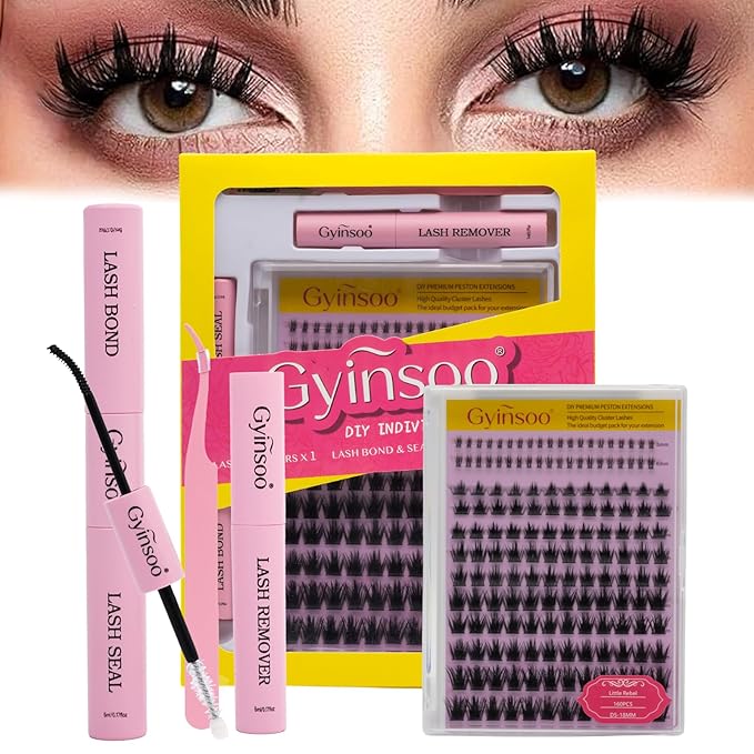 Gyinsoo 160Pcs DIY Lash Extension Kit D Curl 5-18mm Mix "Little Rebel" Style with Pink Bond and Seal, Remover & Tweezers - Short to Long Clusters for Inner Corner & Bottom Lashes