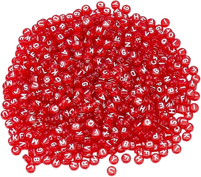 1 Box 800pcs Red Transparent Letters Beads with White Alphabet Acrylic Flat Round Clear Cylinder Loose Spacer Letter Bead Charm Bulk for Jewelry Making Necklace Bracelet DIY Craft Supply