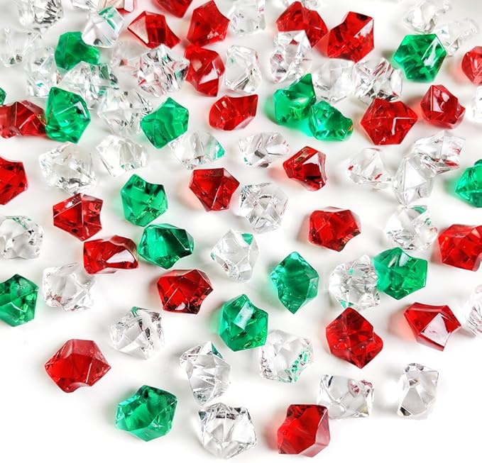 HappyFiller Christmas Decoration 14OZ Fake Ice Rocks Cubes Acrylic Gems Stones,Table Scatters, Photography Props Vase Fillers,Wedding,Crafts,Home Centerpieces,Candle Holder,Red,Green,Clear Mix