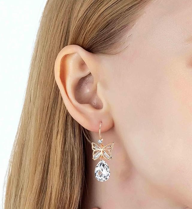 Austrian Crystal Teardrop Butterfly Drop Dangle Earrings for Women 14K Rose Gold Plated Hypoallergenic Jewelry