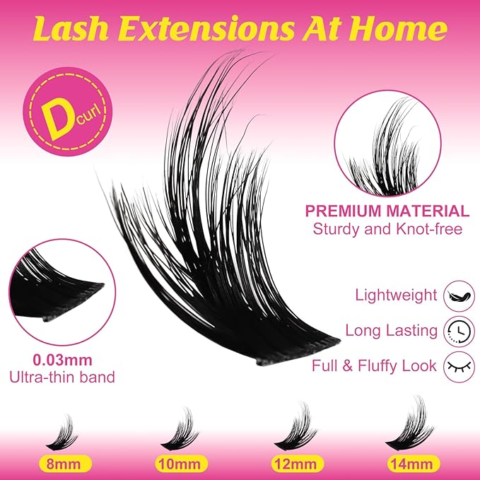 WiWiLINK Wispy Lash Clusters 8-14mm Spike Eyelash Clusters D Curl DIY Lash Extension with Spikes 0.03mm -Thin Band Natural Individual Cluster Eyelashes, California Sunset Short