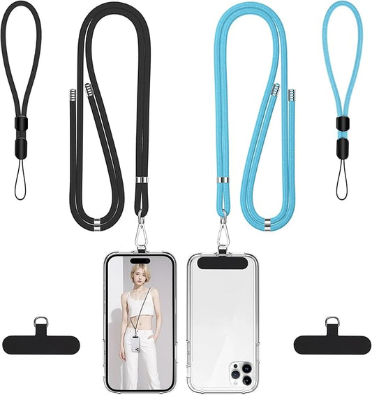 takyu Phone Lanyard, 2 Pack Adjustable Cell Phone Lanyard Crossbody Neck Strap and 2 Pack Phone Wrist Strap with Tether Tabs Compatible for iPhone Smartphones-Black Blue