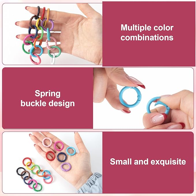 HINZIC 34Pcs 25mm Round Spring O Rings, Colorful Metal Carabiner Snap Buckle Clip Trigger DIY Accessories for Purse Keyrings Keychain Handbag Lanyard