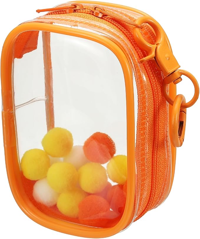 uxcell 3.5 Inch Clear Figure Display Bag, Mini Clear Pouch Waterproof Coin Pouch with Keychain and Pom Poms for Blind Box Doll Display (Square, Orange)
