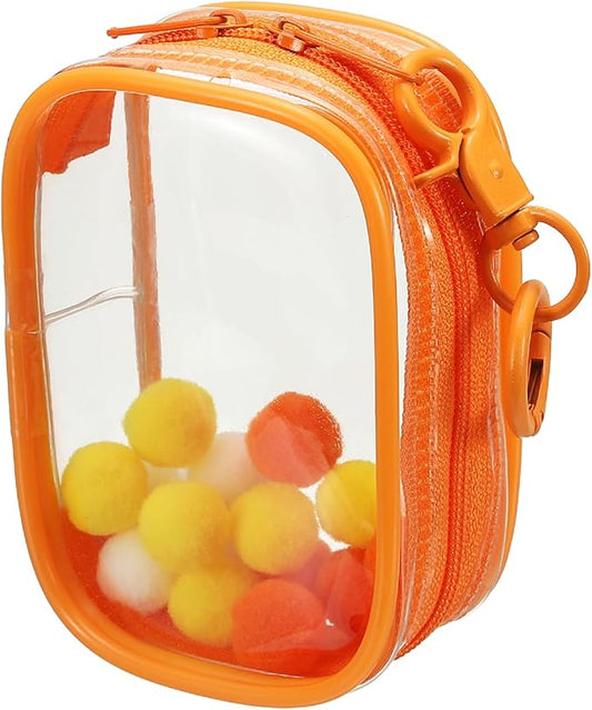 uxcell 3.5 Inch Clear Figure Display Bag, Mini Clear Pouch Waterproof Coin Pouch with Keychain and Pom Poms for Blind Box Doll Display (Square, Orange)